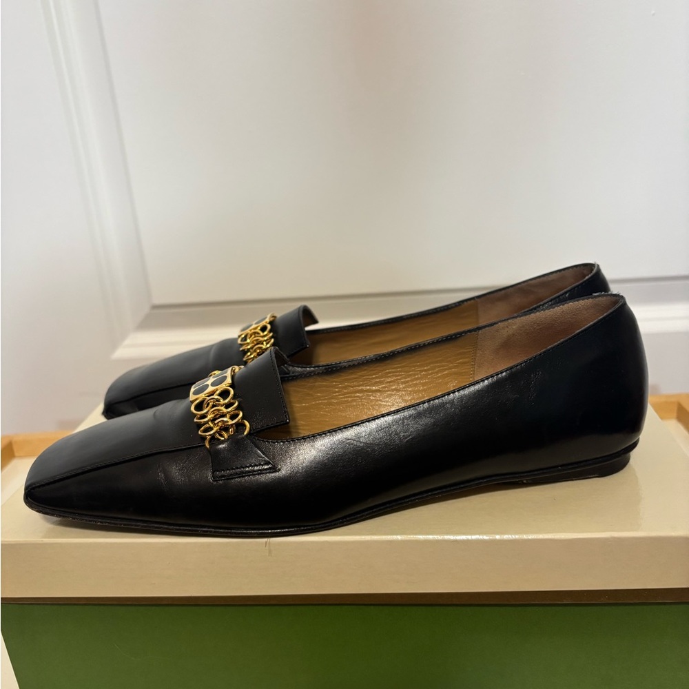 kate spade Courtney Black Leather Loafers with Gold Chain Accent - Picture 5 of 11